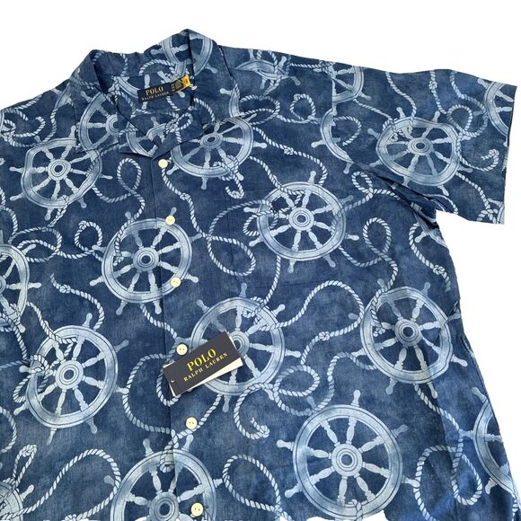 Polo Ralph Lauren NWT Men Camp Shirt Nautical Wheel Print Linen Blend Size 2XB